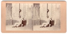 Joueur de banjo musicien musique et femme sortant la tete Photo stereo ca 1880