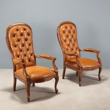 Fauteuils Anciens Noyer Cuir Italie du XXe Siècle Originaux