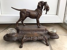 Ancien Encrier Régule À Bossu Chien De Chasse XIX