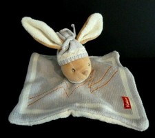 *. DOUDOU PLAT KALOO LAPIN TRICOT GRIS BEIGE ZIG ZAG ORANGE BONNET SKI  TTBE