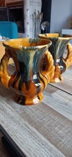 Paire de vases vintage en céramique - émaux « drip » brun & noir 