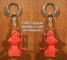 Cafés Cigogne, porte-clefs moulin à café de comptoir, en plastique rouge