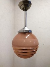 Lustre, Suspension En Verre Givré Rose Et Liseret Doré Style Art Déco