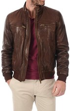 Blouson cuir marron ciré vintage pour homme motard moto véritable veste en...
