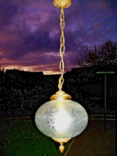 LUSTRE SUSPENSION ART DÉCO-GLOBE VERRE DÉPOLI GRAVÉ-STYLISÉ+BRONZE DORÉ ? LAITON