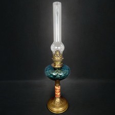 Ancienne lampe à pétrole vintage - verre bleu, laiton effet marbre?