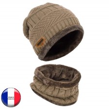 Bonnet Tricot + Tour de cou doublé polaire ultra doux Hiver homme 2 pcs - BEIGE