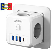 LENCENT - Multiprise Murale Avec 3 Prises 220 Volts, 3 ports USB & 1 port USB-C