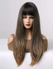 Perruque Synthétique Brun Châtain À Frange Cheveux Long Lisse +4 Bonnet OFFERT