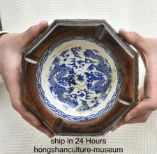 5.6" Old Chinese Boxwood Inlay Blue White Porcelain Dynasty Dragon Pen Wash