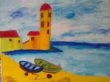 PEINTURE Huile au couteau tableau Collioure- PUERTO  .oil paintingcot. DROUOT -