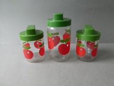 3 bocaux en verre, décor pommes, 2 Henkel, vintage années 70