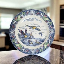 PLATEAU ,Grand Plat FESTONNÉ VINTAGE BLEU CANARDS VOLANTS OVALE 41 cm JAPON