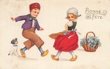 CP ILLUSTREE BONNE FETE COUPLE ENFANTS HOLLANDAIS DANSENT SABOTS CHIEN - 39305