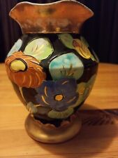 Ancien petit vase boule Vallauris décor fleurs  