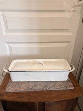 Ancien Poissonnière Emaillée Blanc Vintage Cocotte Poisson Turbotière