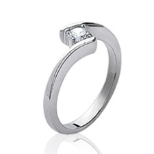 Bague Solitaire femme - argent 925 massif rhodié - anneau décalé et zircon