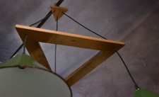 Suspension industrielle design support en chêne avec 3 cloches en métal émaillé