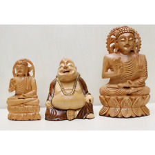 Ensemble De Bouddha En Bois Naturel Fait Main Avec Bouddha Rieur Sculpté Fin