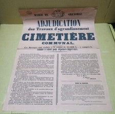 VILLE DE GRENOBLE rare affiche travaux d'agrandissement du cimetière 1869