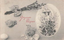 CP JOYEUSES PAQUES MEDAILLON ILLUSTRE FEMME CHAPEAU OMBRELLE - POUSSINS - 30879