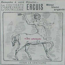 PUBLICITE ERCUIS ORFEVRERIE COUVERT COUTELLERIE POINCON CENTAURE DE 1922 AD RARE