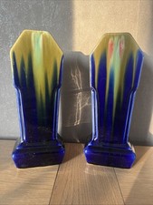 Ensemble de 2 Vases Art Deco Faïencerie Orchies - Faïence Verte Et Bleu Flammée