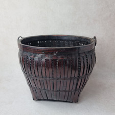 Cache-Pot ou Panier en Bambou Verni Foncé – Travail Asiatique – Déco Ethnique