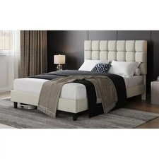 Cadre de Lit Capitonné, Tête de Lit Réglable en Hauteur Lattes pieds bois massif