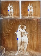 PHOTO STEREO  sur verre NU FEMININ 1900 - 1920  risque sexy nude lesbian / 762