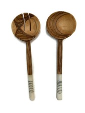 Olive Wood Round Shaped Salad Servers Set Handmade Fair Trade Africa Kenya