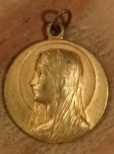 Médaille Religieuse Ancienne Vierge Marie Métal Doré 