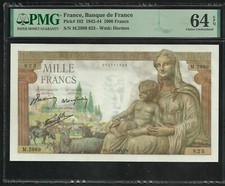 France : 1000 Francs Demeter 7-1-1943 ; PMG : Choice UNC 64 ; EPQ (Ref 1933)