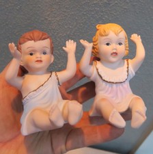2 Vintage Porcelain Baby Piano Doll figurine German bisque boy girl sitting