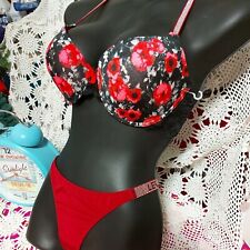 BLUSH BRA 34D W RHINESTONE HI LEG LIQUID SATIN BRAZILIAN LEVAO PANTY L NWOT
