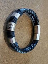 Bracelet Homme Cuir noir fermoir aimant acier inoxydable 21,5cm