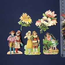 5 Chromos Découpis Gaufrés XIXè Couple Fleurs Victorian Scrap Oblaten Glanzbild