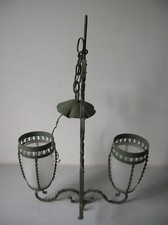 Ancienne lanterne lustre luminaire 2 feux fer forgé et abat jour en verre