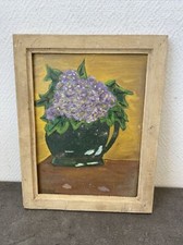 Ancienne Petite Peinture Cadre Deco Pot De Fleur Nature Morte Signe Vintage 