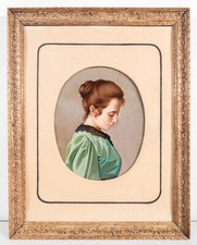 ⚜️ Tableau Portrait Jeune Femme Fille Époque 1800 Peinture Huile Carton