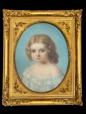 Tableau Ancien Portrait De Jeune Fille Pastel Sur Carton Cadre Ancien À L’or Fin