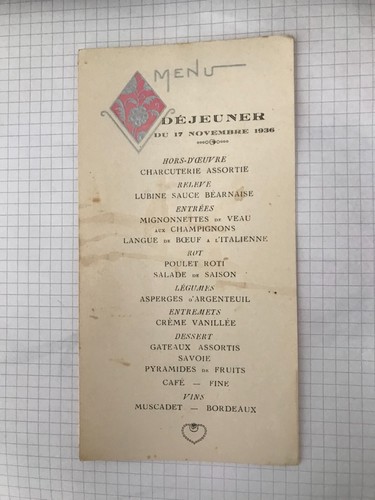 Menu ancien 11 1936 - menu, du
