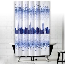Rideau De Douche Modèle New York 240x180 CM Blanc Bleu Inclus Anneaux 240 x 180