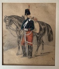 Dessin Ancien Aquarelle Et Crayon Hussard Au Cheval XIXEME