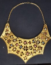 Collier Plastron Ras Le Cou Vintage Signé Goldette Metal Doré Et Strass 