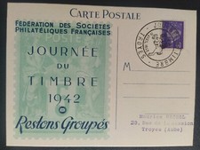 TIMBRE PÉTAIN FRANCE CARTE 1ER JOUR JOURNÉE DU TIMBRE 1942 OBLITÉRÉS TROYES 