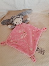 Doudou Plat Lapin Blanc Gris Rose Douce Nuit Etoiles Doré Mots D'enfants NEUF ET