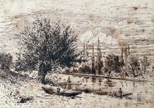 Pêcheurs en bord de rivière, dessin à l'encre signé Lallemand, 1866, XIXe