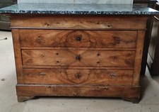 COMMODE A DOUCINE LOUIS-PHILIPPE 4 TIROIRS RONCE DE NOYER  XIXè PLATEAU MARBRE