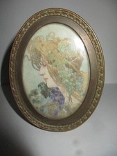 peinture miniature art nouveau style mucha   dans cadre a poser en bronze